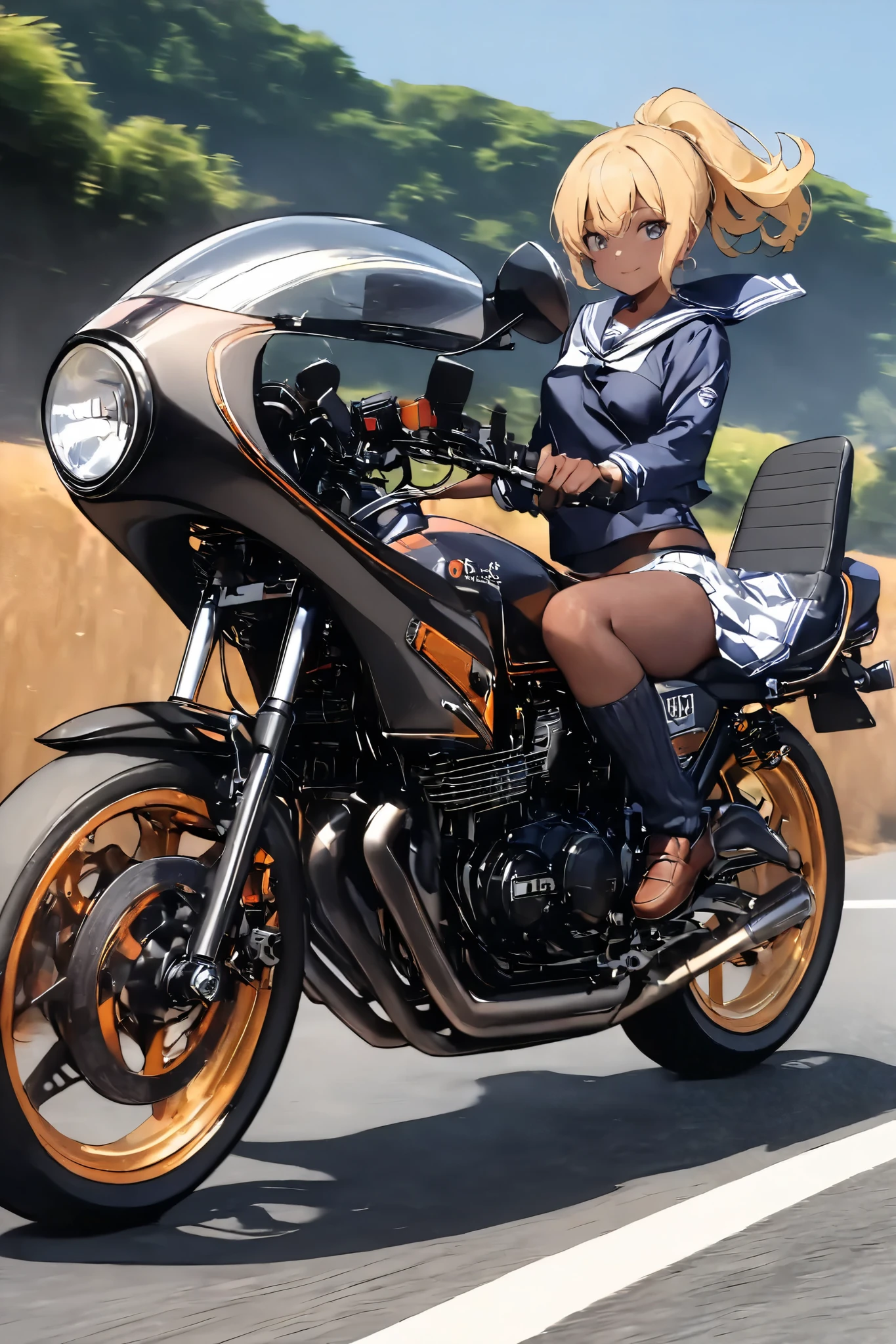 1 high school girl rides a motorcycle tuned to Honda CBX400F cafe racer specifications, a separate handlebars, rocket cowl, sailor suit, loose socks, loafers, glossy brown skin, small breasts, video, Yellow Hair, ponytail,  inviting ,  top quality , 