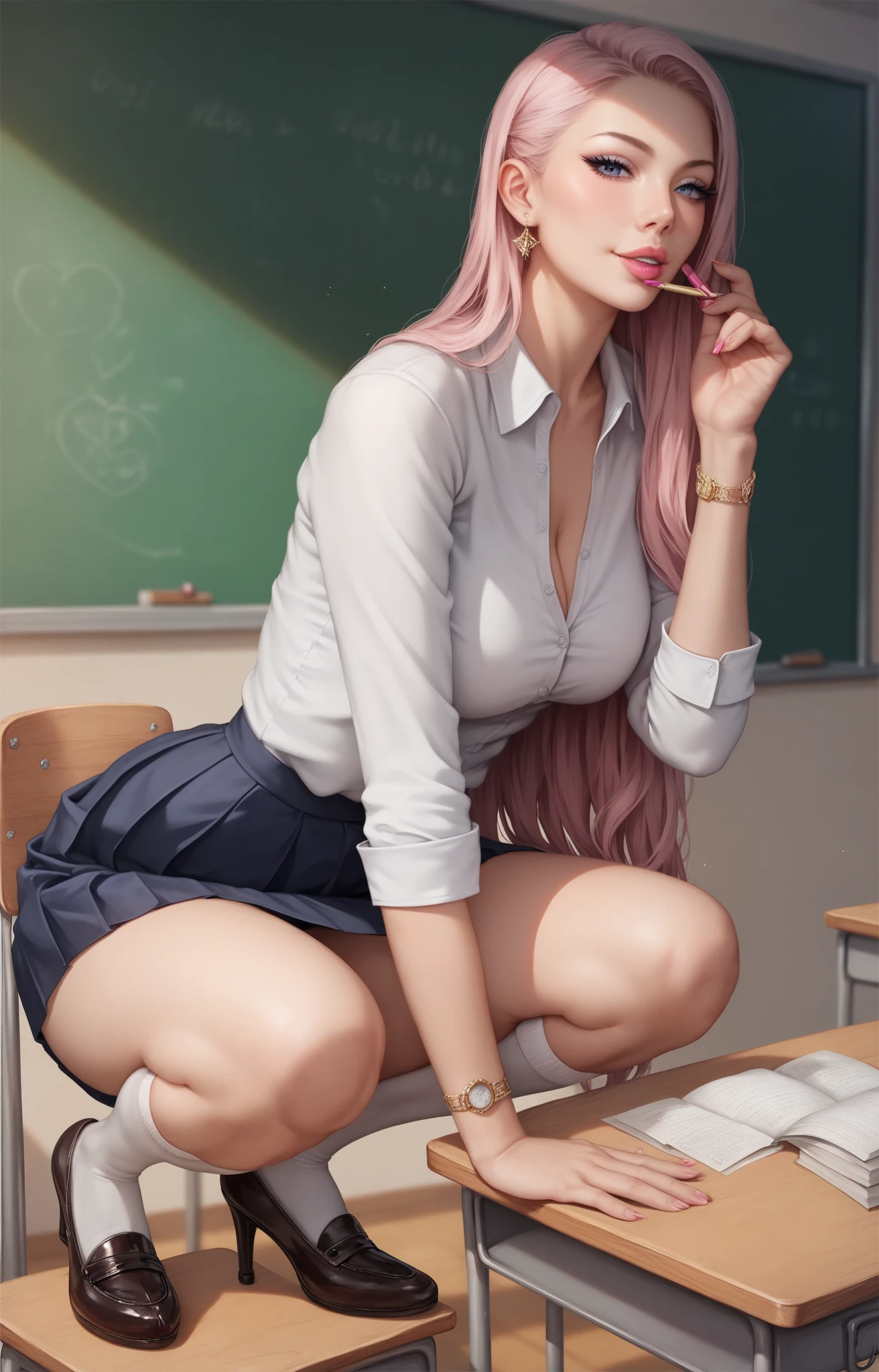 masterpiece, best quality, elise, teacher, lace trim, thighhighs, big breasts, classroom, see-through, looking at viewer, white shirt, open clothes, miniskirt, long hair, high heels, <lora:elise-000018:0.6>
