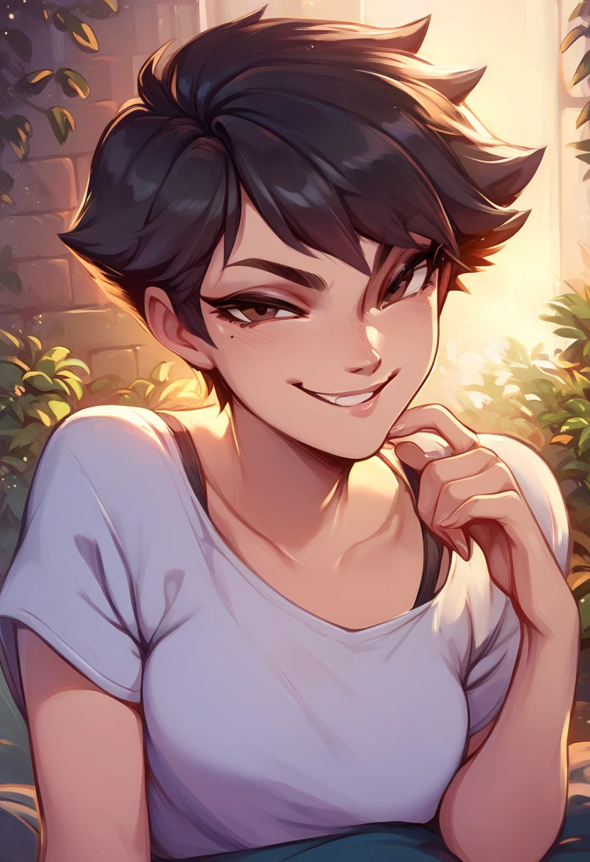 score_9, score_8_up, score_7_up, score_6_up, merustyle, masterpiece, best quality, 1girl, tomboy, short hair, black hair, brown eyes, camisa blanca, falda de tubo, ropa de camarera, smug, smirk, seductivle look