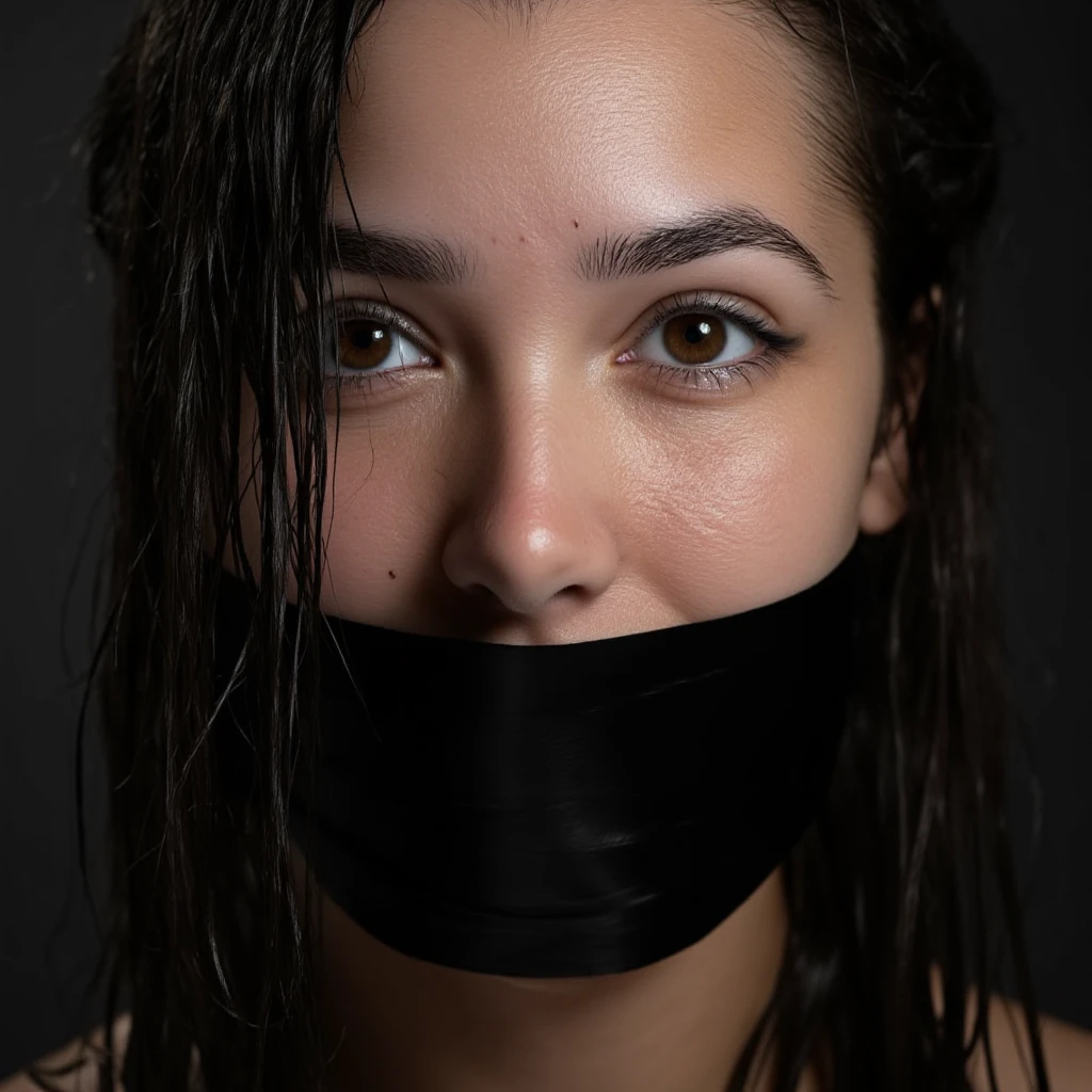 face close up portrait, shinny black Duct tape is covering her mouth, wet hair