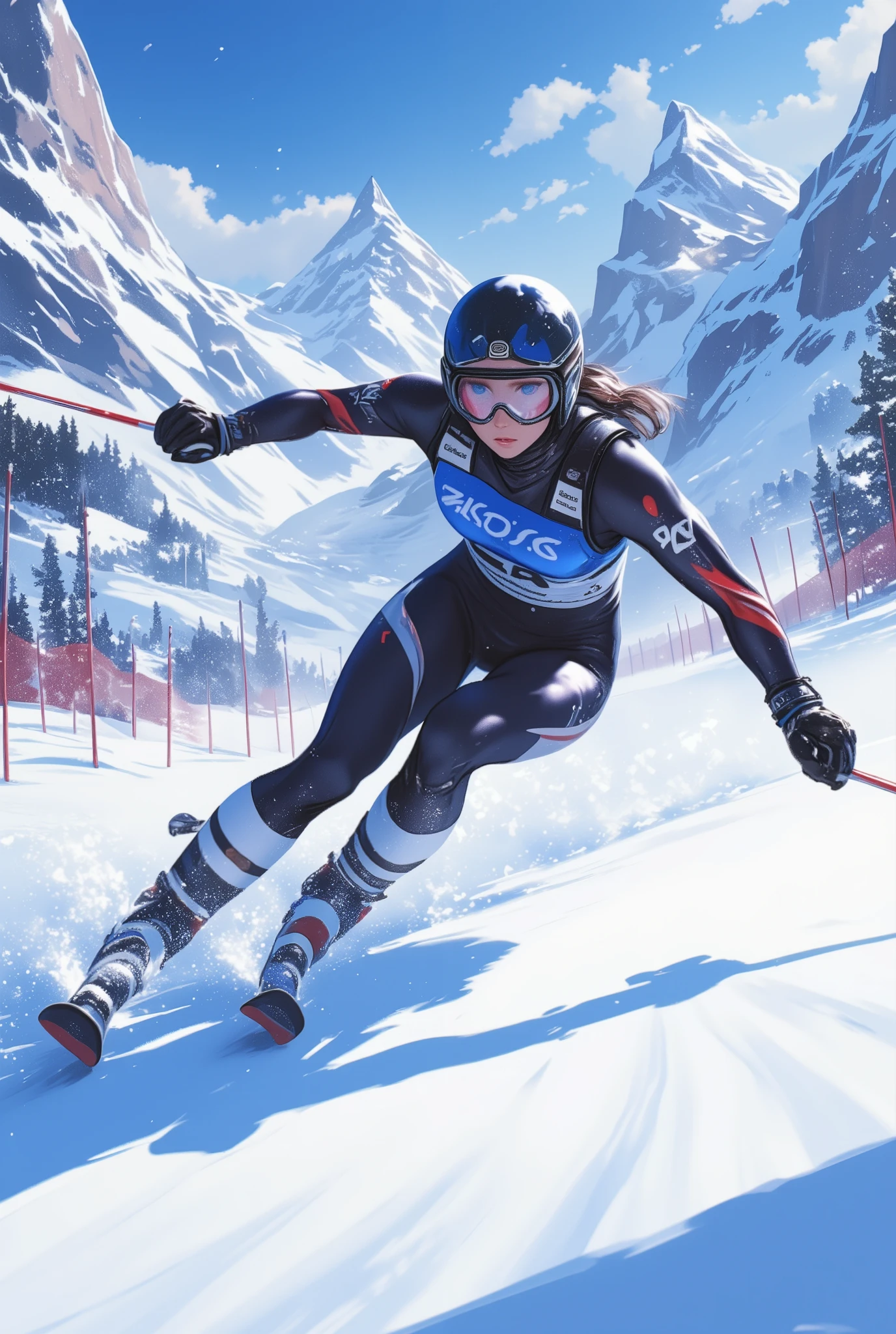 Snapshot of a woman skiing on a competition course, goggles,  helmet , Alpine skiing competition , 