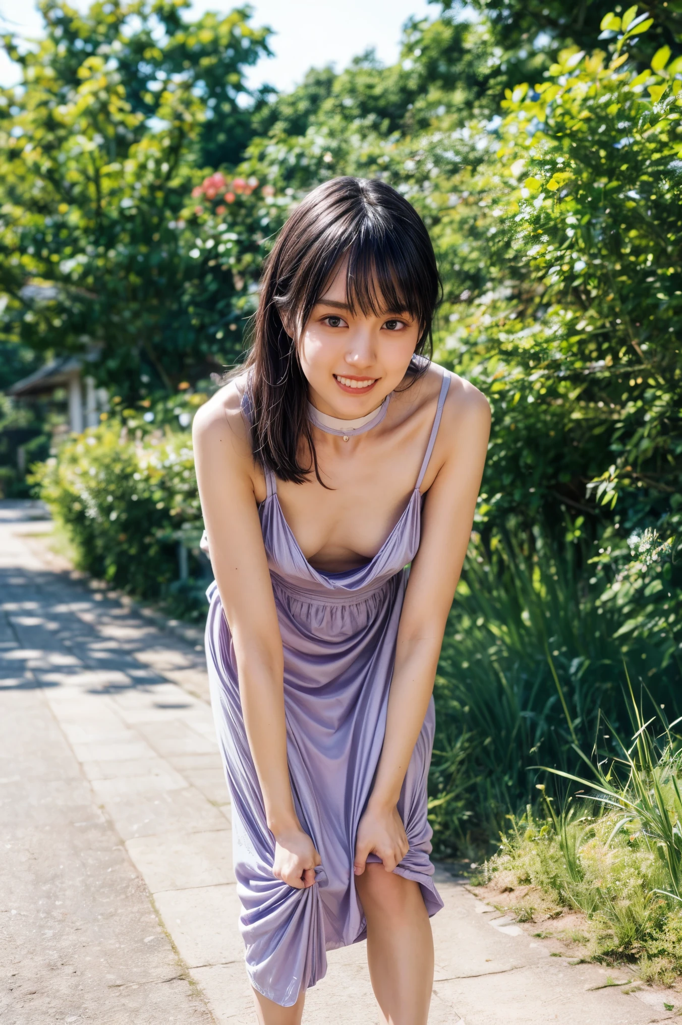 The high resolution photograph of a 23 years old beautiful Japanese woman, (realistic, photo-realistic:1.37), (best quality, masterpiece), 8k, RAW Photo, intricate details, extremely detailed, sharp focus, professional lighting, full body, solo, 1girl, tall, (flat chest:1.4), pale skin, fine-textured skin, straight long black hair, cheerful grin,,,,(loose lilac sundress:1.2), (standing leaning forward on the path, forward bending, downblouse:1.4), (choker, jewelry), high-heel-sandals,,,,(posing for gravure photography, erotic posture), detailed face, detailed beautiful eyes, sophisticated nose, (perfect anatomy, two perfect anatomical arms, two perfect anatomical hands, two perfect anatomical legs),,, photo background, outdoors, suburban, the way to home, magic hour, evening,
