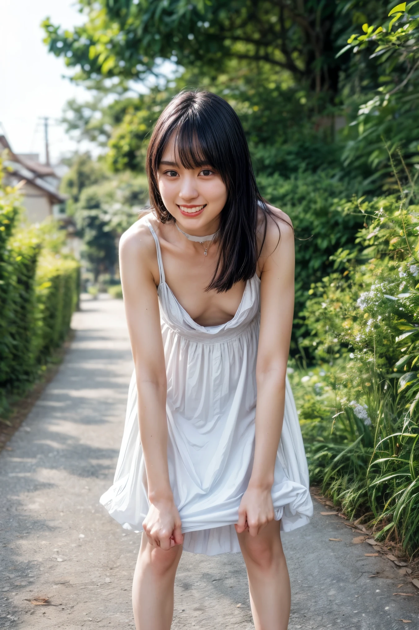 The high resolution photograph of a 23 years old beautiful Japanese woman, (realistic, photo-realistic:1.37), (best quality, masterpiece), 8k, RAW Photo, intricate details, extremely detailed, sharp focus, professional lighting, full body, solo, 1girl, tall, (flat chest:1.4), pale skin, fine-textured skin, straight long black hair, cheerful grin,,,,(loose lilac sundress:1.2), (standing leaning forward on the path, forward bending, downblouse:1.4), (choker, jewelry), high-heel-sandals,,,,(posing for gravure photography, erotic posture), detailed face, detailed beautiful eyes, sophisticated nose, (perfect anatomy, two perfect anatomical arms, two perfect anatomical hands, two perfect anatomical legs),,, photo background, outdoors, suburban, the way to home, magic hour, evening,
