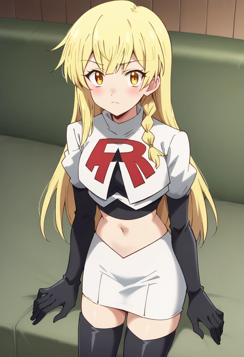 balirossa, blonde hair, long hair, 1girl, side braid, solo, yellow eyes, looking at viewer, blush, team rocket,team rocket uniform,white skirt,red letter R,crop top,black thigh-highs,black elbow gloves, score_9, score_8_up, score_7_up, , anime coloring ,BREAK source_anime, anime