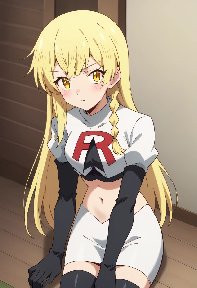 balirossa, blonde hair, long hair, 1girl, side braid, solo, yellow eyes, looking at viewer, blush, team rocket,team rocket uniform,white skirt,red letter R,crop top,black thigh-highs,black elbow gloves, score_9, score_8_up, score_7_up, , anime coloring ,BREAK source_anime, anime