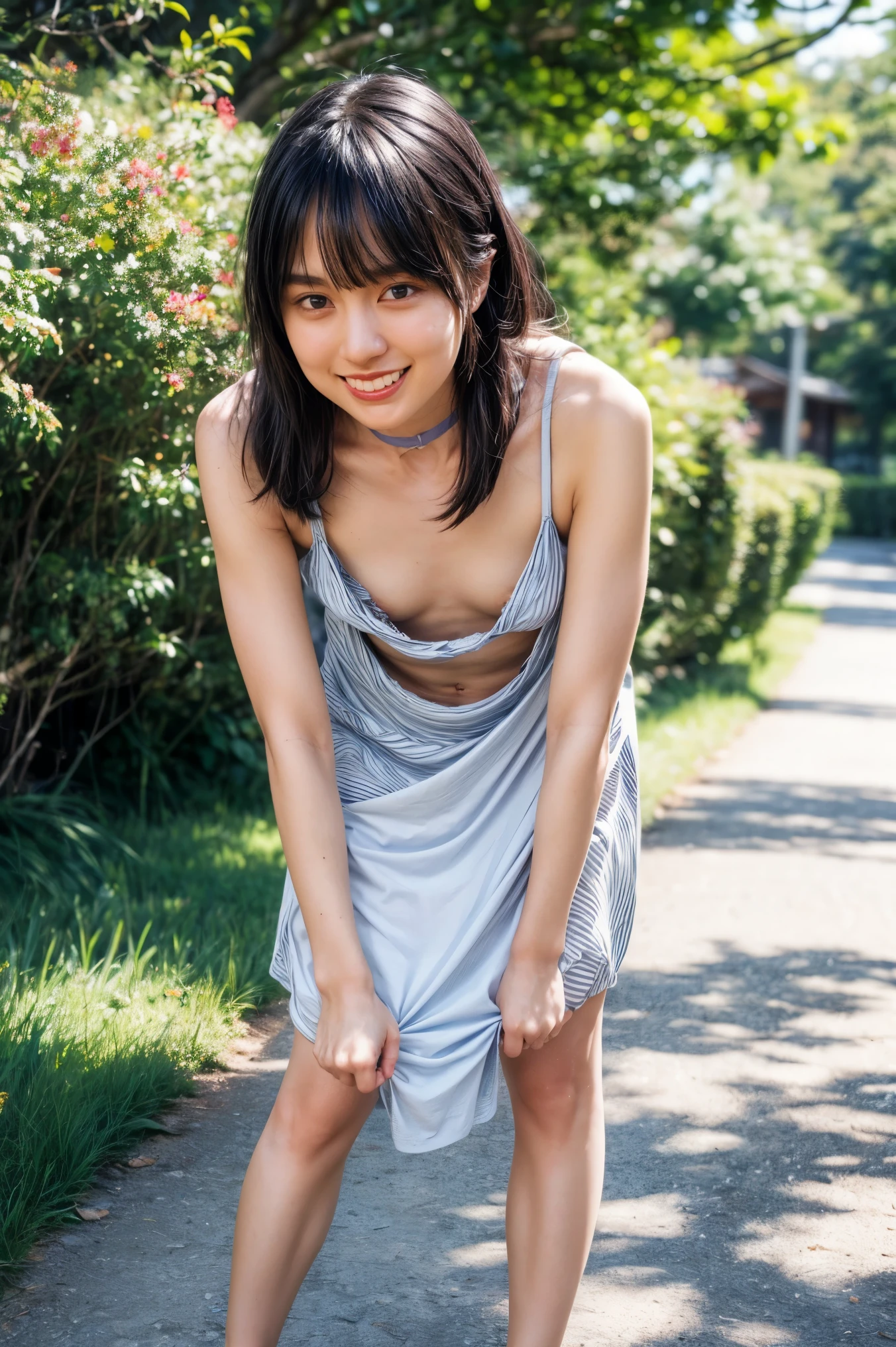 The high resolution photograph of a 23 years old beautiful Japanese woman, (realistic, photo-realistic:1.37), (best quality, masterpiece), 8k, RAW Photo, intricate details, extremely detailed, sharp focus, professional lighting, full body, solo, 1girl, tall, (flat chest:1.4), pale skin, fine-textured skin, straight long black hair, cheerful grin,,,,(loose lilac sundress:1.2), (standing leaning forward on the path, forward bending, downblouse:1.4), (choker, jewelry), high-heel-sandals,,,,(posing for gravure photography, erotic posture), detailed face, detailed beautiful eyes, sophisticated nose, (perfect anatomy, two perfect anatomical arms, two perfect anatomical hands, two perfect anatomical legs),,, photo background, outdoors, suburban, the way to home, magic hour, evening,