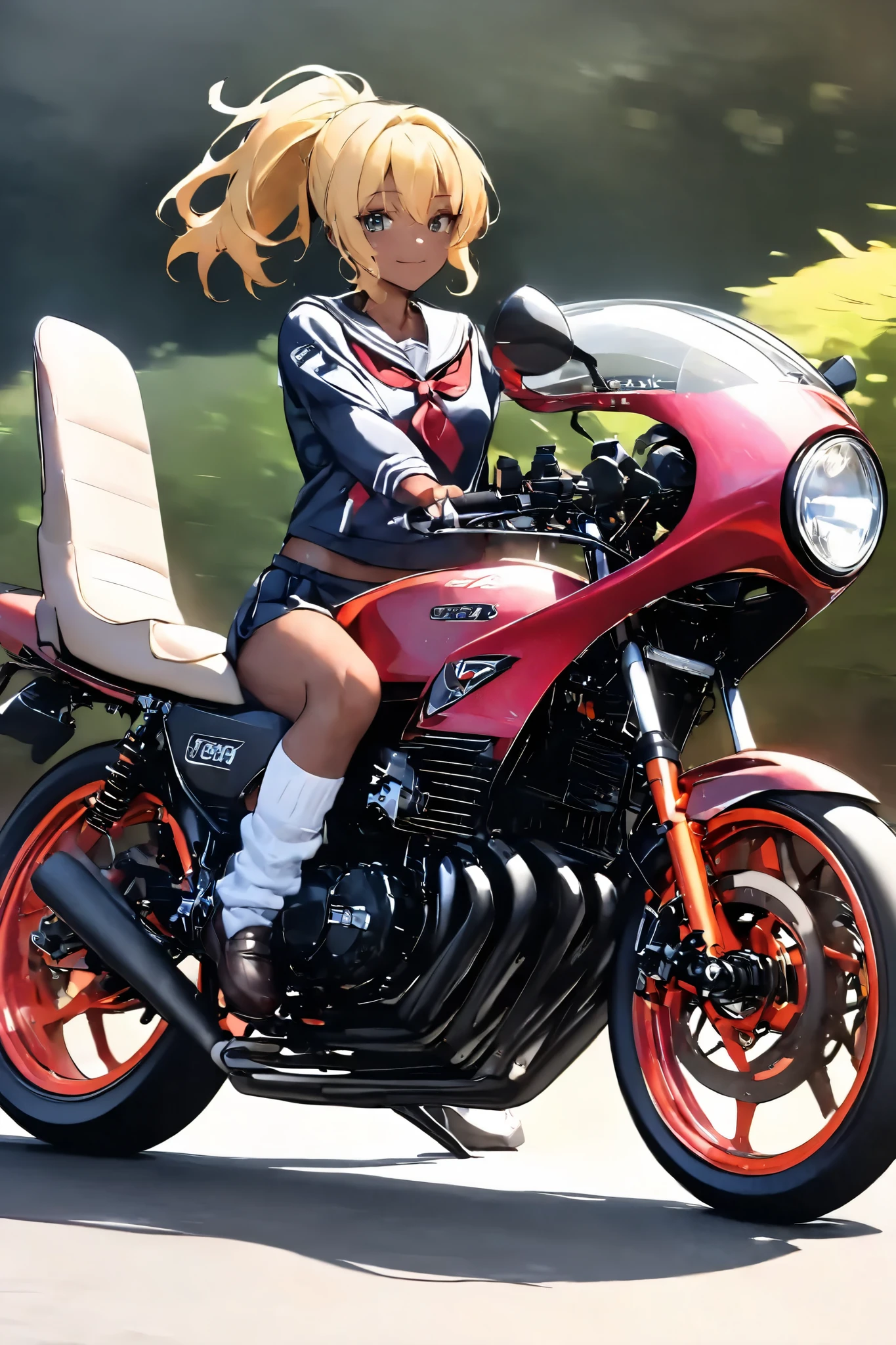 1 high school girl rides a motorcycle tuned to Honda CBX400F cafe racer specifications, a separate handlebars, rocket cowl, sailor suit, loose socks, loafers, glossy brown skin, small breasts, video, Yellow Hair, ponytail,  inviting ,  top quality , 