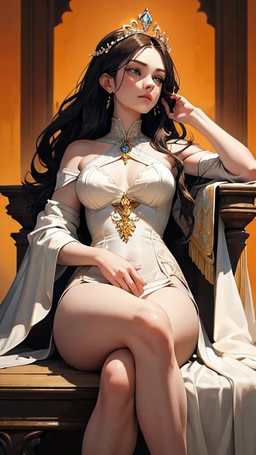 Sexy Brides, deep V-neck open crotch wedding dress (half drag), fully exposing her large, shiny breasts, almost naked, with black hair falling in loose bangs, (8K, RAW photos, lifelike: 1.25), (Lip Gloss in highest quality, ultra-high resolution, depth of field, chromatic aberration). The beautiful bride is excited and staring at the audience with a seductive smile, adorned with a golden necklace. She poses seductively, showing off her perfect body from head to toe, including her knee-high heels, perfect hands, and big ass. The wedding dress is semi-transparent, revealing