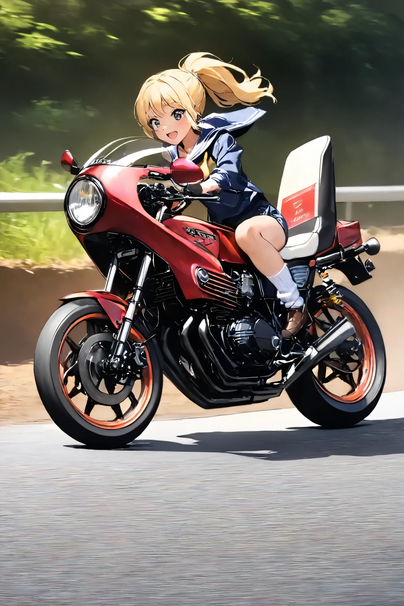 1 high school girl rides a motorcycle tuned to Honda CBX400F cafe racer specifications, a separate handlebars, rocket cowl, sailor suit, loose socks, loafers, glossy brown skin, small breasts, video, Yellow Hair, ponytail,  inviting ,  top quality , 