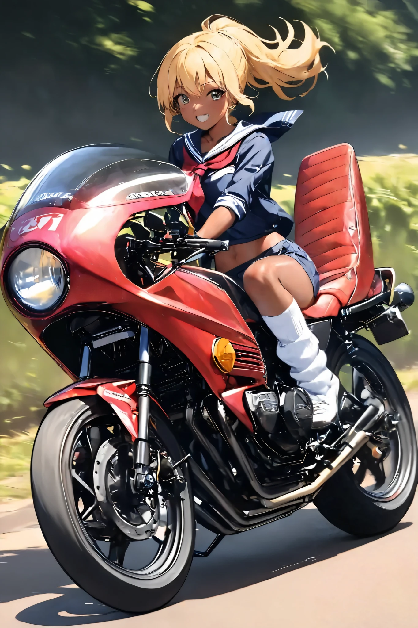 1 high school girl rides a motorcycle tuned to Honda CBX400F cafe racer specifications, a separate handlebars, rocket cowl, sailor suit, loose socks, loafers, glossy brown skin, small breasts, video, Yellow Hair, ponytail,  inviting ,  top quality , 