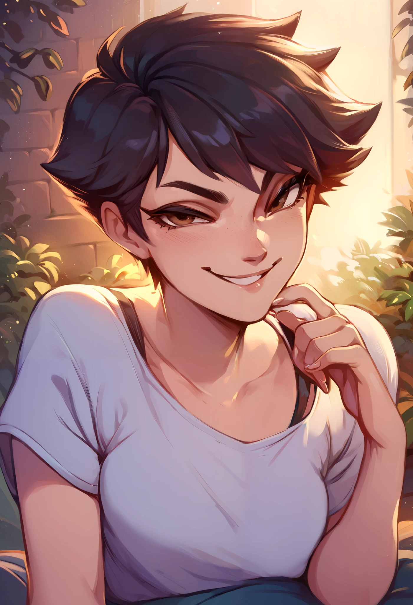 score_9, score_8_up, score_7_up, score_6_up, merustyle, masterpiece, best quality, 1girl, tomboy, short hair, black hair, brown eyes, camisa blanca, falda de tubo, ropa de camarera, smug, smirk, seductivle look