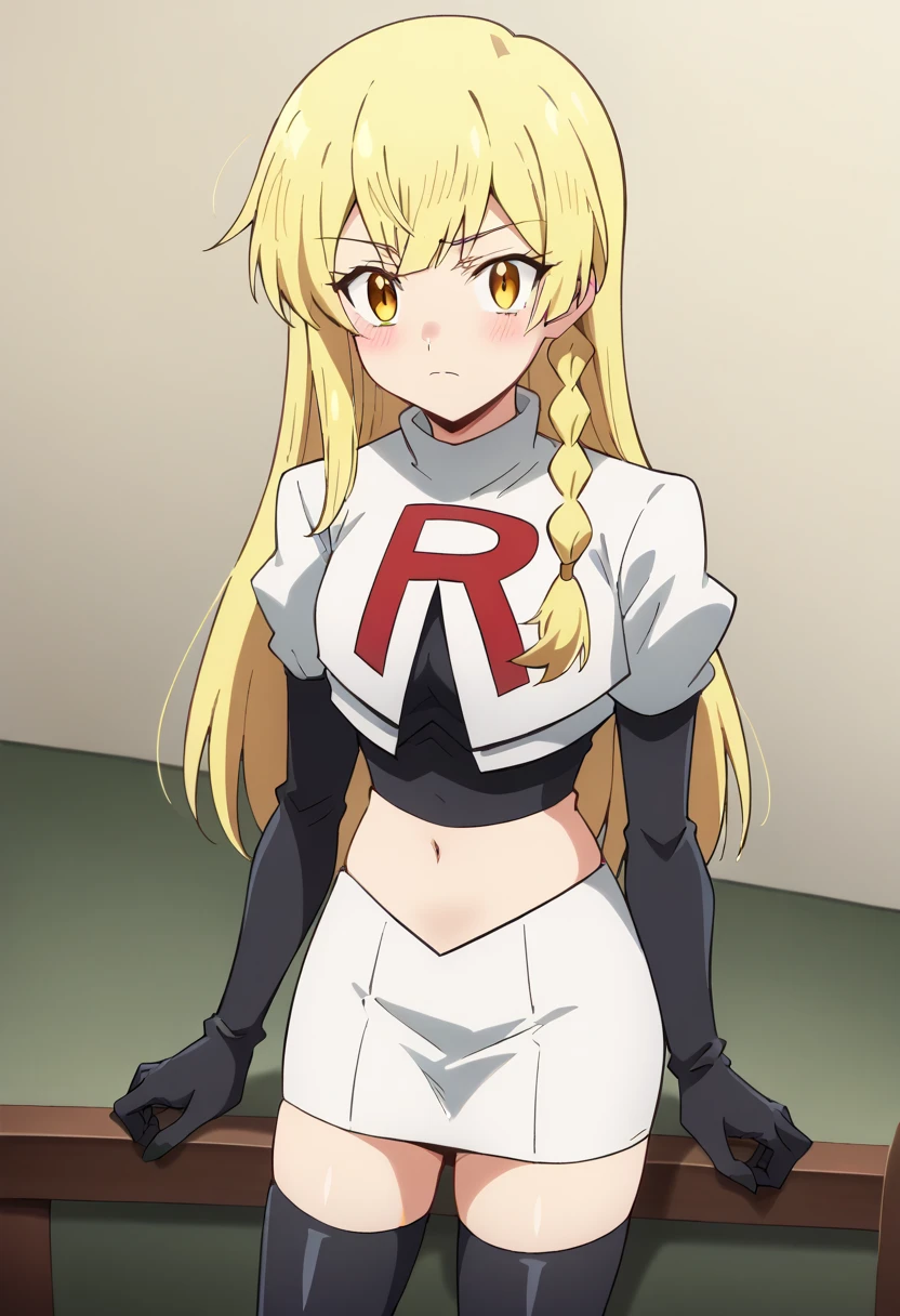 balirossa, blonde hair, long hair, 1girl, side braid, solo, yellow eyes, looking at viewer, blush, team rocket,team rocket uniform,white skirt,red letter R,crop top,black thigh-highs,black elbow gloves, score_9, score_8_up, score_7_up, , anime coloring ,BREAK source_anime, anime