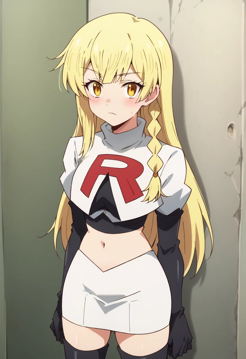 balirossa, blonde hair, long hair, 1girl, side braid, solo, yellow eyes, looking at viewer, blush, team rocket,team rocket uniform,white skirt,red letter R,crop top,black thigh-highs,black elbow gloves, score_9, score_8_up, score_7_up, , anime coloring ,BREAK source_anime, anime