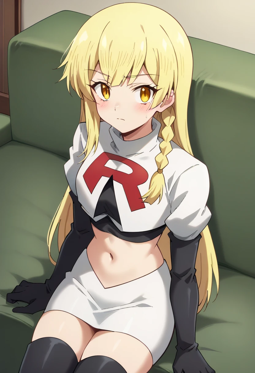 balirossa, blonde hair, long hair, 1girl, side braid, solo, yellow eyes, looking at viewer, blush, team rocket,team rocket uniform,white skirt,red letter R,crop top,black thigh-highs,black elbow gloves, score_9, score_8_up, score_7_up, , anime coloring ,BREAK source_anime, anime