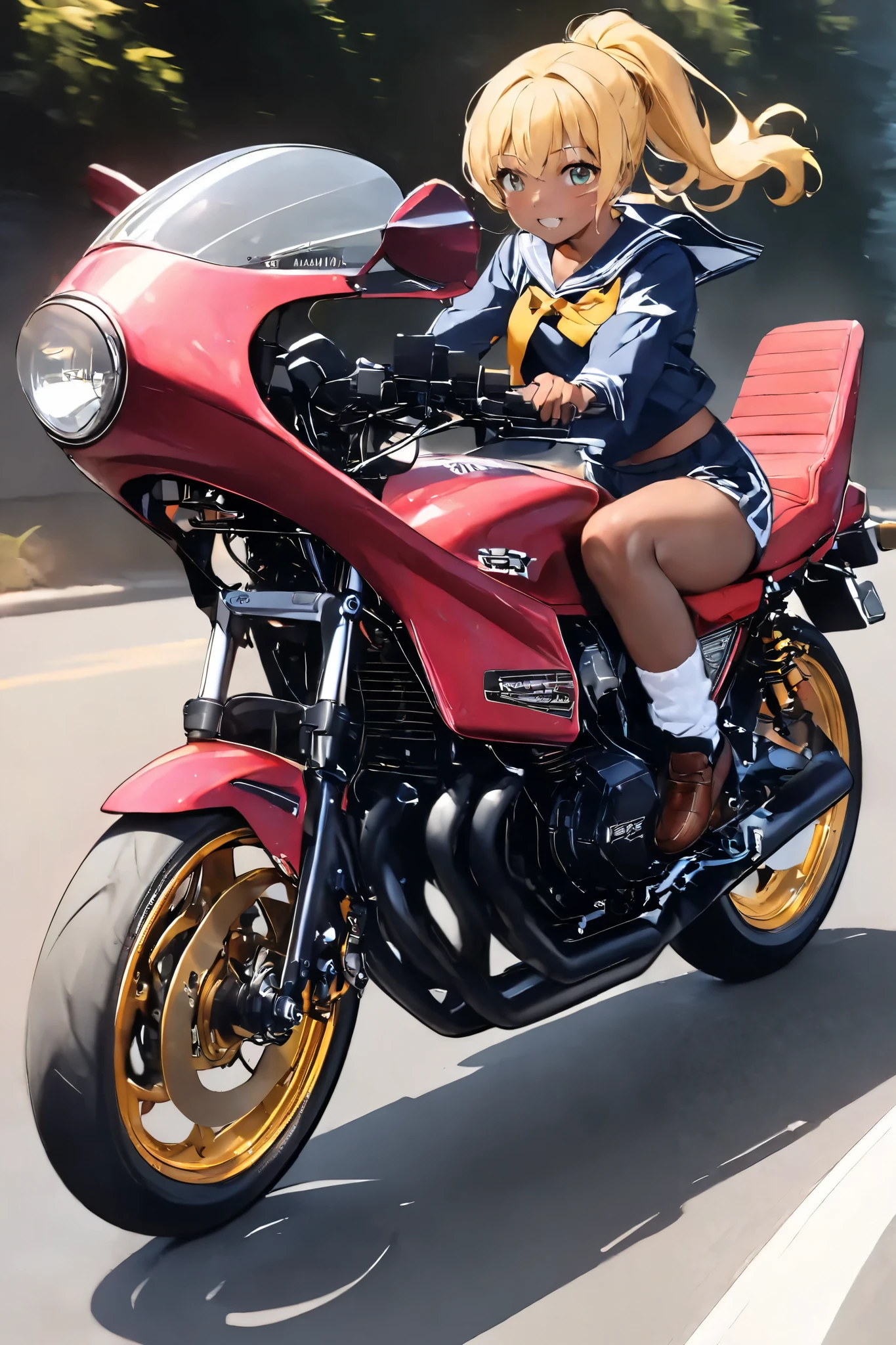 1 high school girl rides a motorcycle tuned to Honda CBX400F cafe racer specifications, a separate handlebars, rocket cowl, sailor suit, loose socks, loafers, glossy brown skin, small breasts, video, Yellow Hair, ponytail,  inviting ,  top quality , 