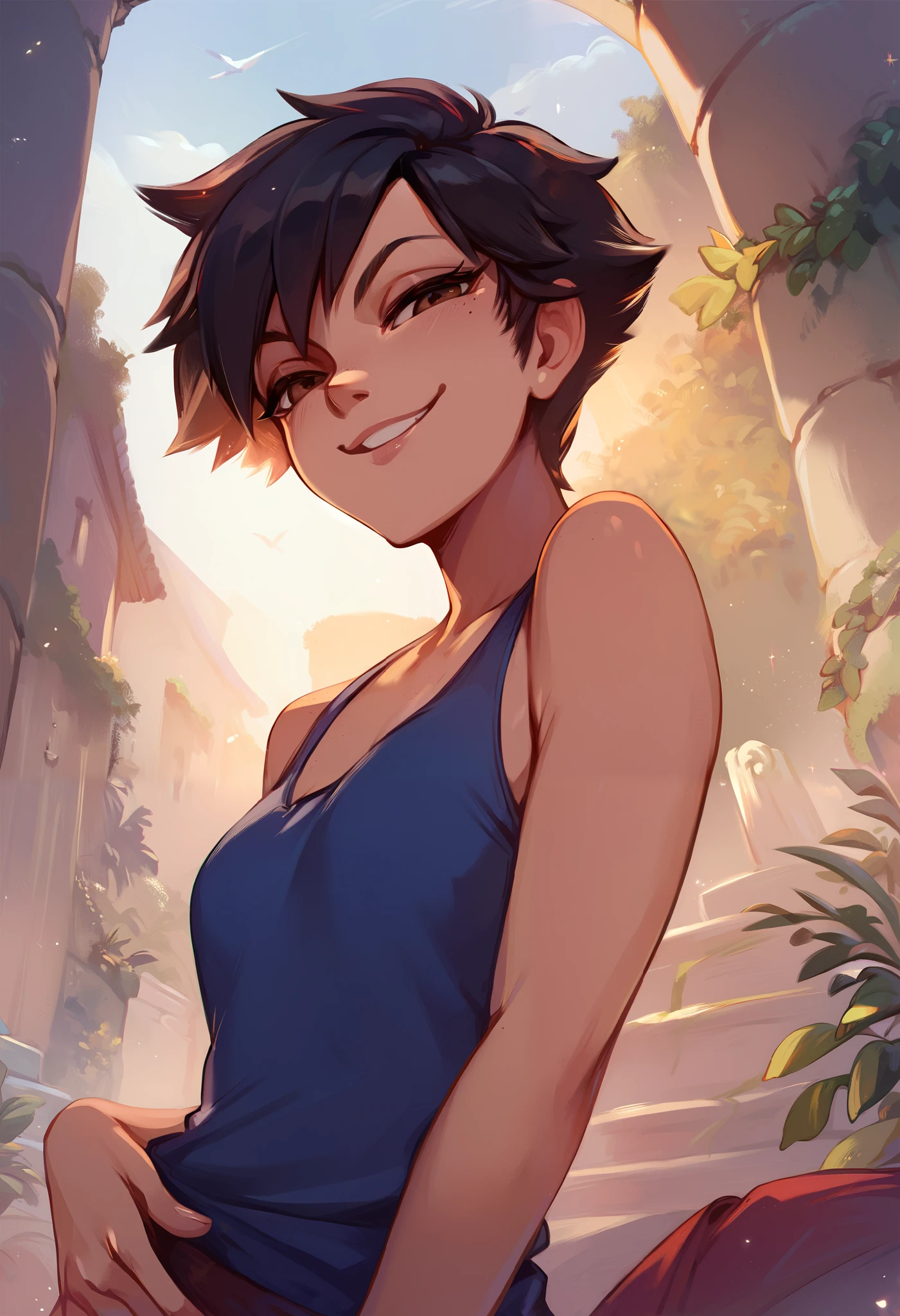 score_9, score_8_up, score_7_up, score_6_up, merustyle, masterpiece, best quality, 1girl, tomboy, short hair, black hair, brown eyes, camisa blanca, falda de tubo, ropa de camarera, smug, smirk, seductivle look