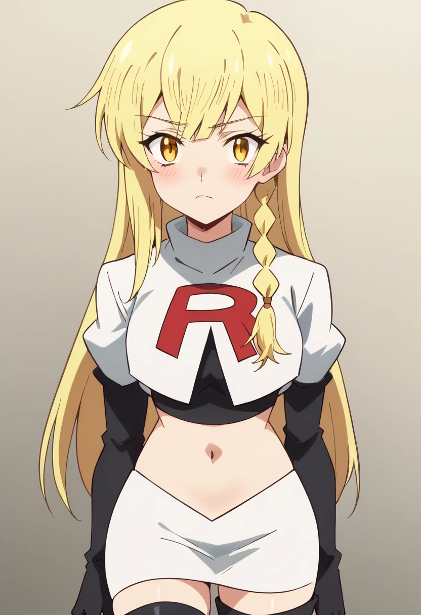 balirossa, blonde hair, long hair, 1girl, side braid, solo, yellow eyes, looking at viewer, blush, team rocket,team rocket uniform,white skirt,red letter R,crop top,black thigh-highs,black elbow gloves, score_9, score_8_up, score_7_up, , anime coloring ,BREAK source_anime, anime