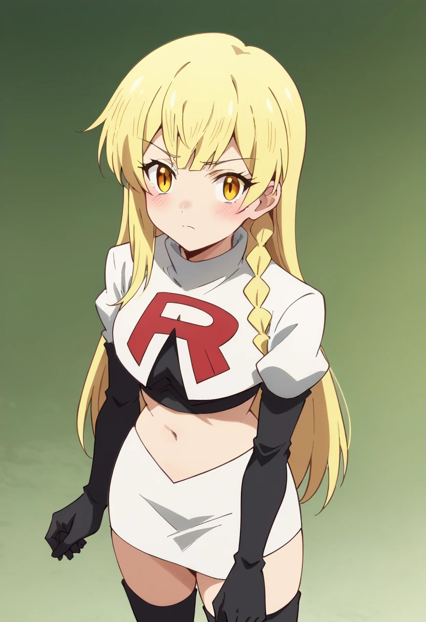 balirossa, blonde hair, long hair, 1girl, side braid, solo, yellow eyes, looking at viewer, blush, team rocket,team rocket uniform,white skirt,red letter R,crop top,black thigh-highs,black elbow gloves, score_9, score_8_up, score_7_up, , anime coloring ,BREAK source_anime, anime