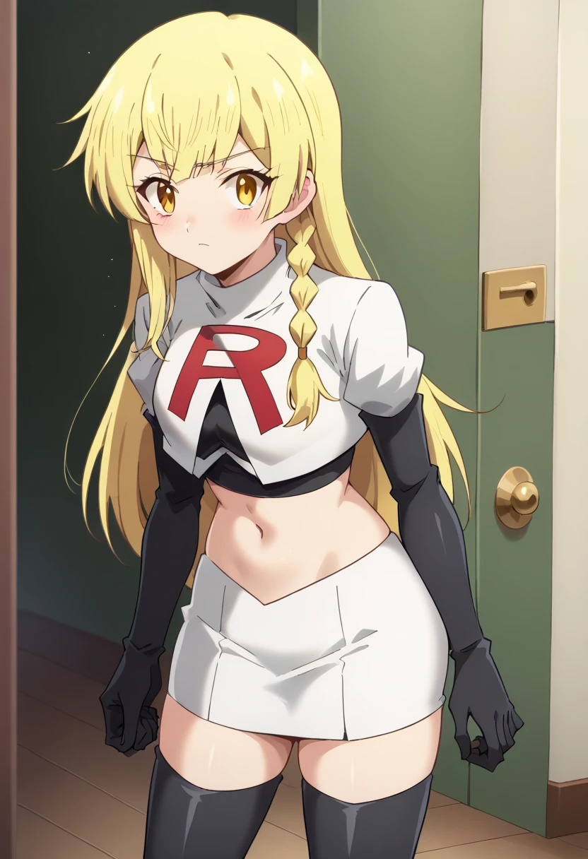 balirossa, blonde hair, long hair, 1girl, side braid, solo, yellow eyes, looking at viewer, blush, team rocket,team rocket uniform,white skirt,red letter R,crop top,black thigh-highs,black elbow gloves, score_9, score_8_up, score_7_up, , anime coloring ,BREAK source_anime, anime