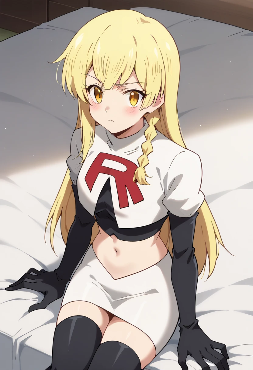 balirossa, blonde hair, long hair, 1girl, side braid, solo, yellow eyes, looking at viewer, blush, team rocket,team rocket uniform,white skirt,red letter R,crop top,black thigh-highs,black elbow gloves, score_9, score_8_up, score_7_up, , anime coloring ,BREAK source_anime, anime