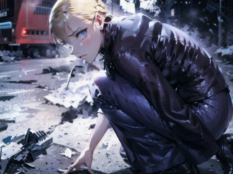 Blonde,  chignon flowing sideways,  blue eyes, Devil Eye,  heart-shaped eyes, Hanging eyes, Hearts in eyes,  Stares/ makes a disgusting face/Dissatisfied,  anime style,  simple background,  Darkness、battlefield、 high res, masterpiece, accurate,  top quality ,  high detail,  high definition model ,   Ultra Fine , One girl 