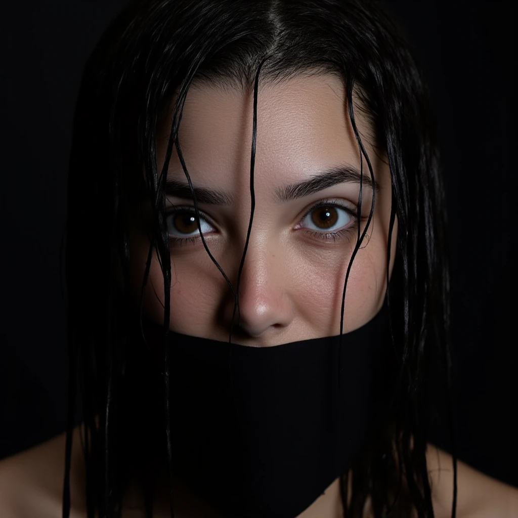 face close up portrait, back cloth is covering her mouth, wet hair