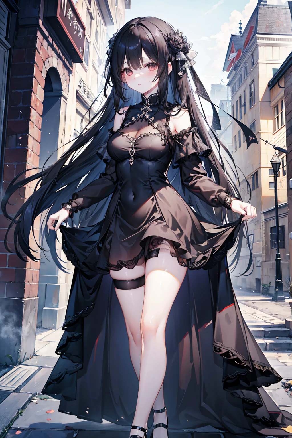 1 girl, Bare shoulders, black hair, medium breasts, wide hips, thin waist, (((look at the eyes))), {{{wearing a very short and sexy bikini}}}, naked, muscular legs, muscular belly, (((scene in the city at night walking down the street with people looking at her))), Full body, hair tie, (sadistic smile), (evil look), (standing), (((full body))) , heterochromia, black high-heeled shoes, lolita hair clip, looking at the viewer, red eyes, alone, clock-shaped pupils symbol, (Kurumi tokisaki), twintails, yellow eyes, eye reflection, glowing eyes, anime style, ray tracing, cinematic lighting, Canon, UHD, masterpiece, anatomically correct, super detail, high quality, high resolution, 8k, HDR