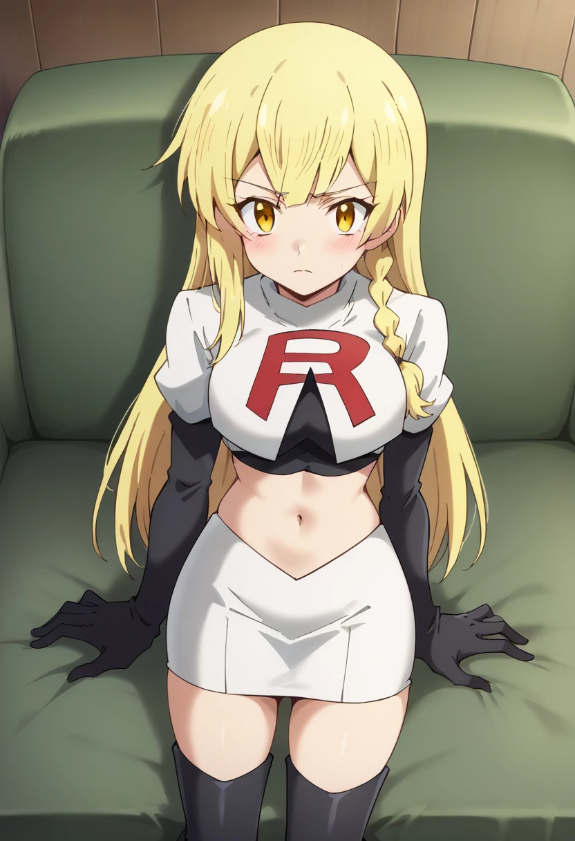 balirossa, blonde hair, long hair, 1girl, side braid, solo, yellow eyes, looking at viewer, blush, team rocket,team rocket uniform,white skirt,red letter R,crop top,black thigh-highs,black elbow gloves, score_9, score_8_up, score_7_up, , anime coloring ,BREAK source_anime, anime