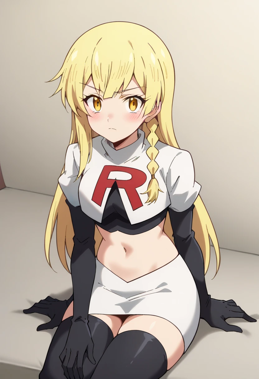 balirossa, blonde hair, long hair, 1girl, side braid, solo, yellow eyes, looking at viewer, blush, team rocket,team rocket uniform,white skirt,red letter R,crop top,black thigh-highs,black elbow gloves, score_9, score_8_up, score_7_up, , anime coloring ,BREAK source_anime, anime