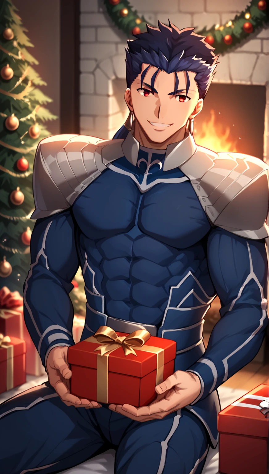 score_7_up,score_6_up,score_5_up,score_4_up,source_anime,lancer_fsn, blue-haired man, red eyes, with a ponytail at the nape of his neck, with a good, slightly muscular body fate/stay night, earrings and armor with a very cheerful flirtatious smile sitting holding a Christmas present.