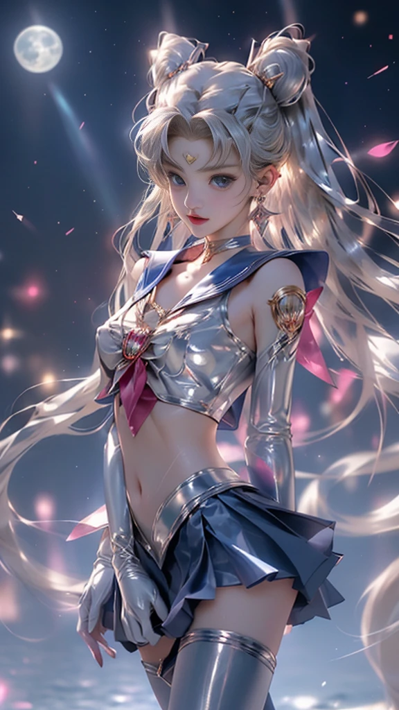 masterpiece, full: 1.3, stand, 8k, 3d,  realistic ,  ultra micro photo ,  top quality, Extreme Details CG Unity 8k Wallpapers, from below,  complicated details, (nsfw:1.2),( 1 Woman ), 28 years old, ( beautiful girl,Sailor moon,Tierra,  sailor warrior uniform  Sailor: 1.2, Sailor moon: 1.2), 驚くほど長い明るい twin tailsブロンド, thin and very long straight twin tail blonde, Hair Bun, Red round hair ornament for bundles of hair ,  sailor warrior uniform , Big Breasts, (Silver Blue Color, Blue sailor collar,  Silver Blue Super Mini Skirt: 1.3, pants ,Ultra high leg swimsuit,   胸にとても大きな red ribbon  ,,: 1.3, Long white latex gloves: 1.3, Red gloves that go up to the elbow ,  腰の後ろにとても大きな red ribbon  ,: 1.1,  my cleavage looks bigger:1.2,  Gold Tiara ,  earrings for women with first name), ( face details: 1.5,   bright blue eyes ,  beautiful faces,  beautiful eyes, Sparkling Eyes, thin唇: 1.5, 細くて鋭いthin眉,  long dark lashes , Double eyelashes), Luxurious Golden gem, thin, Thin and muscular,,,  small face, Perfect Proportions, Slim waist,  Sexy Model Pose ,  visible pores,  seductive smile, perfect hand: 1.5,  Highly Gloss Silvery White Holographic Leather that is very thin and fits,  octane rendering,  very dramatic picture , Strong natural light , sunlight,  sophisticated lighting and shadows ,  Dynamic Angles , digital SLR,  Sharp Focus: 1.0,  Maximum Clarity and Sharpness  , (space background ,moon,  dynamic background ,   detailed background),(rabbit, double bun ,  twin tails,  split bang, crown, gem,  earrings for women with first name,  choker ,  red ribbon ,  white gloves, Elbow Groove,  blue skirt
), NFFS