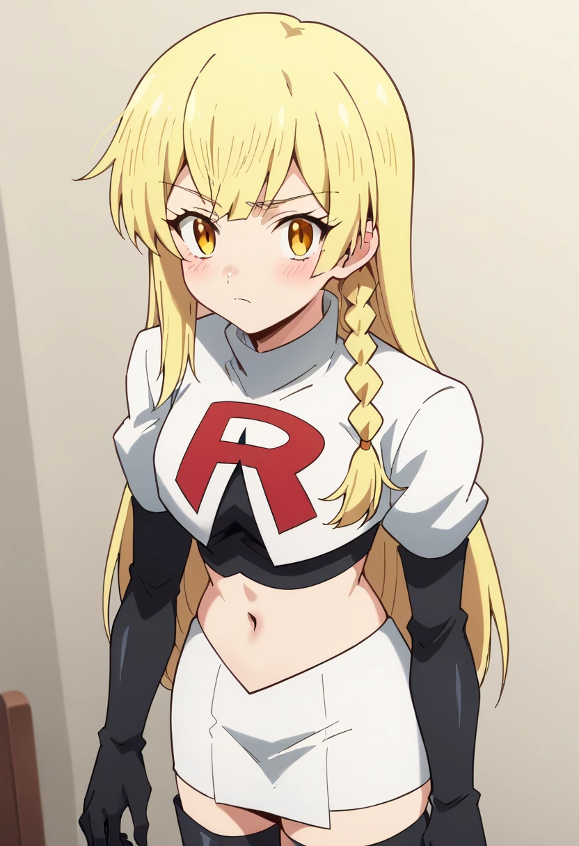 balirossa, blonde hair, long hair, 1girl, side braid, solo, yellow eyes, looking at viewer, blush, team rocket,team rocket uniform,white skirt,red letter R,crop top,black thigh-highs,black elbow gloves, score_9, score_8_up, score_7_up, , anime coloring ,BREAK source_anime, anime