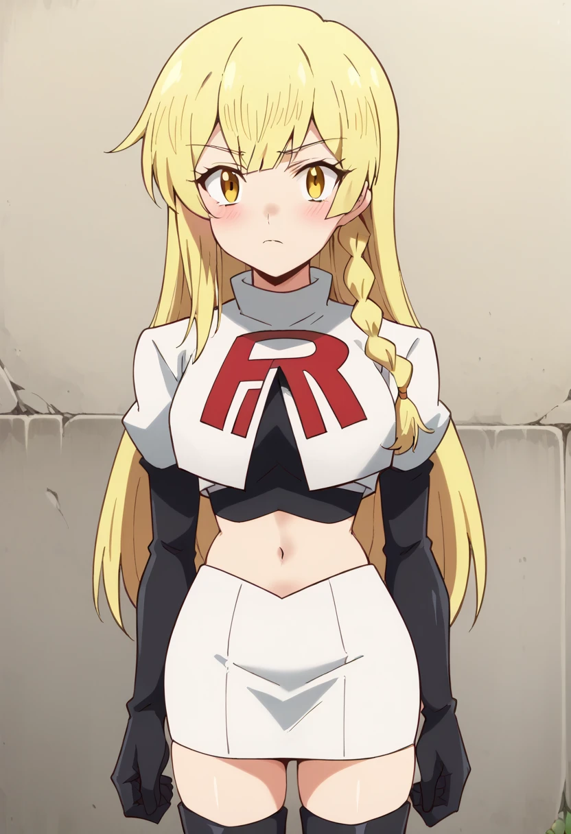 balirossa, blonde hair, long hair, 1girl, side braid, solo, yellow eyes, looking at viewer, blush, team rocket,team rocket uniform,white skirt,red letter R,crop top,black thigh-highs,black elbow gloves, score_9, score_8_up, score_7_up, , anime coloring ,BREAK source_anime, anime