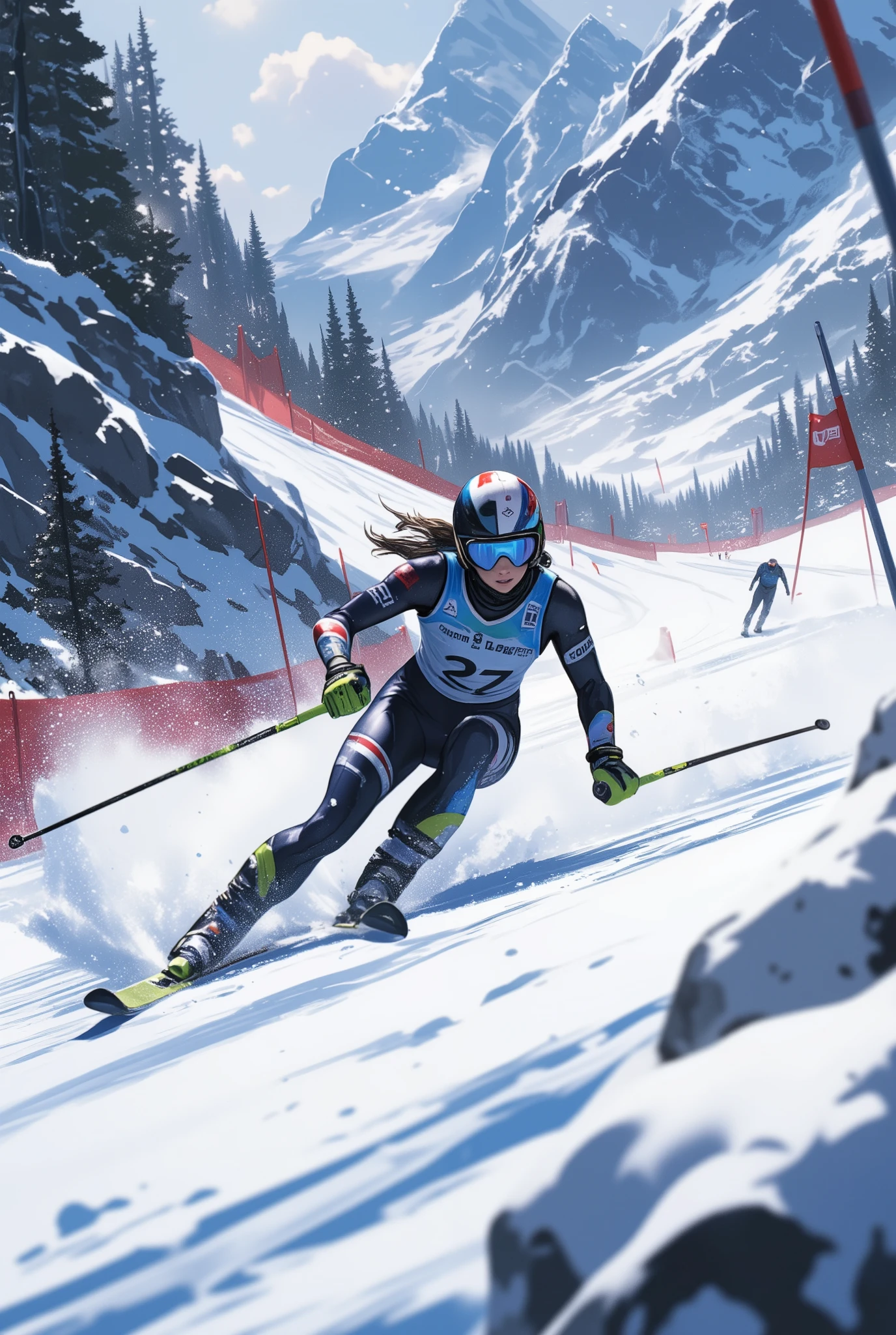 Snapshot of a female athlete skiing on a competitive course, goggles,  helmet , Alpine skiing competition , 