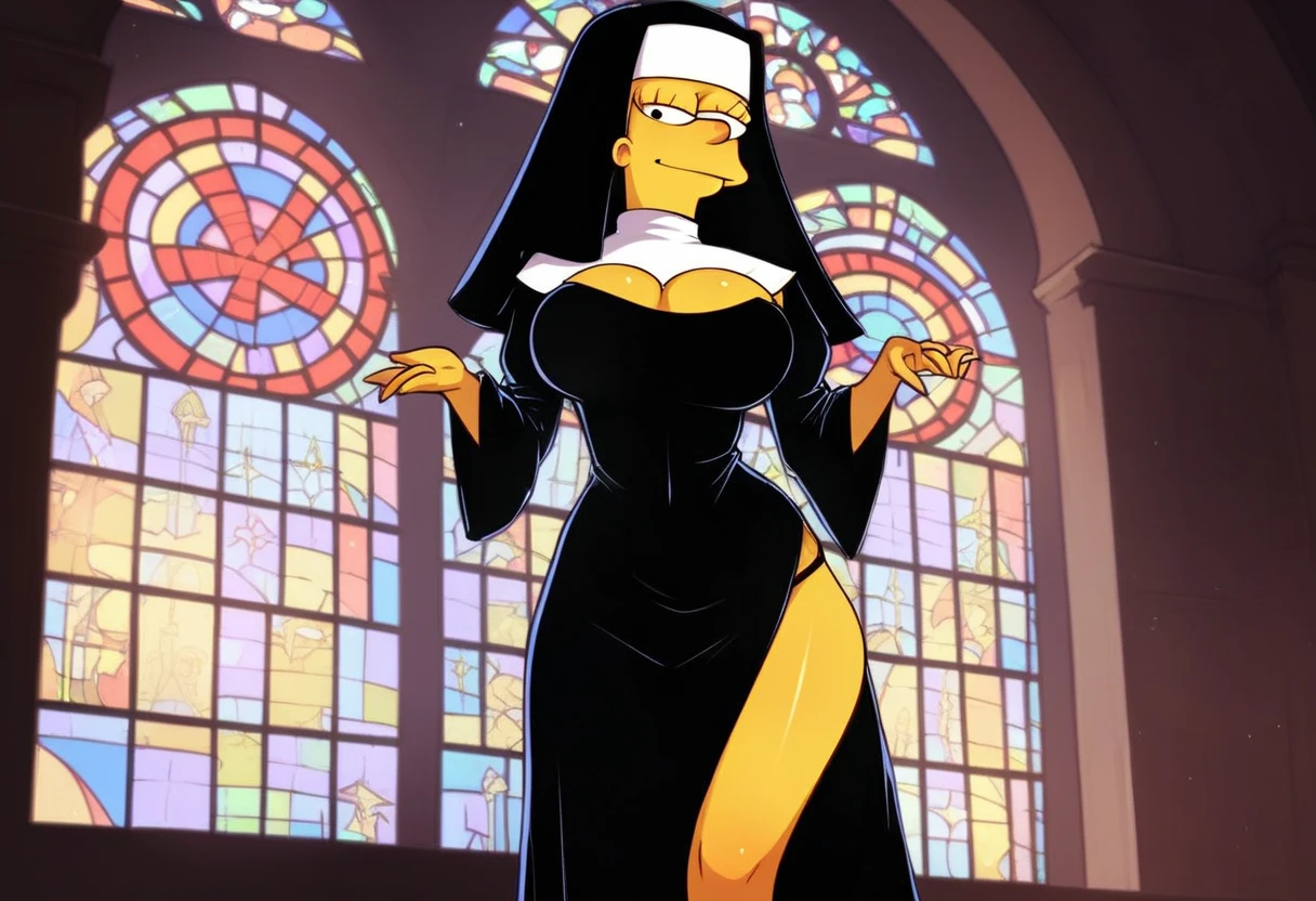 source _cartoon, lisa_simpson, safe_rating, 1 girl, short hair, big breast, nun habit, alone, sexy, black eyes, looking at viewer, nun outfit, black thong, big breasts, hourglass body, very sexy, in a church, score_9, score_8_up, score_7_up, score_6_up, score_5_up, score_4_up