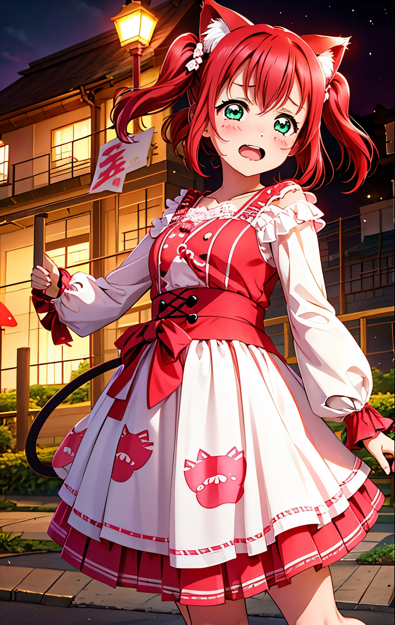 Kurosawa ruby, twin tails,  red hair,  green eyes,Cat ears, Cat ears式のヘッドフォン,  blush,  crying expression , 