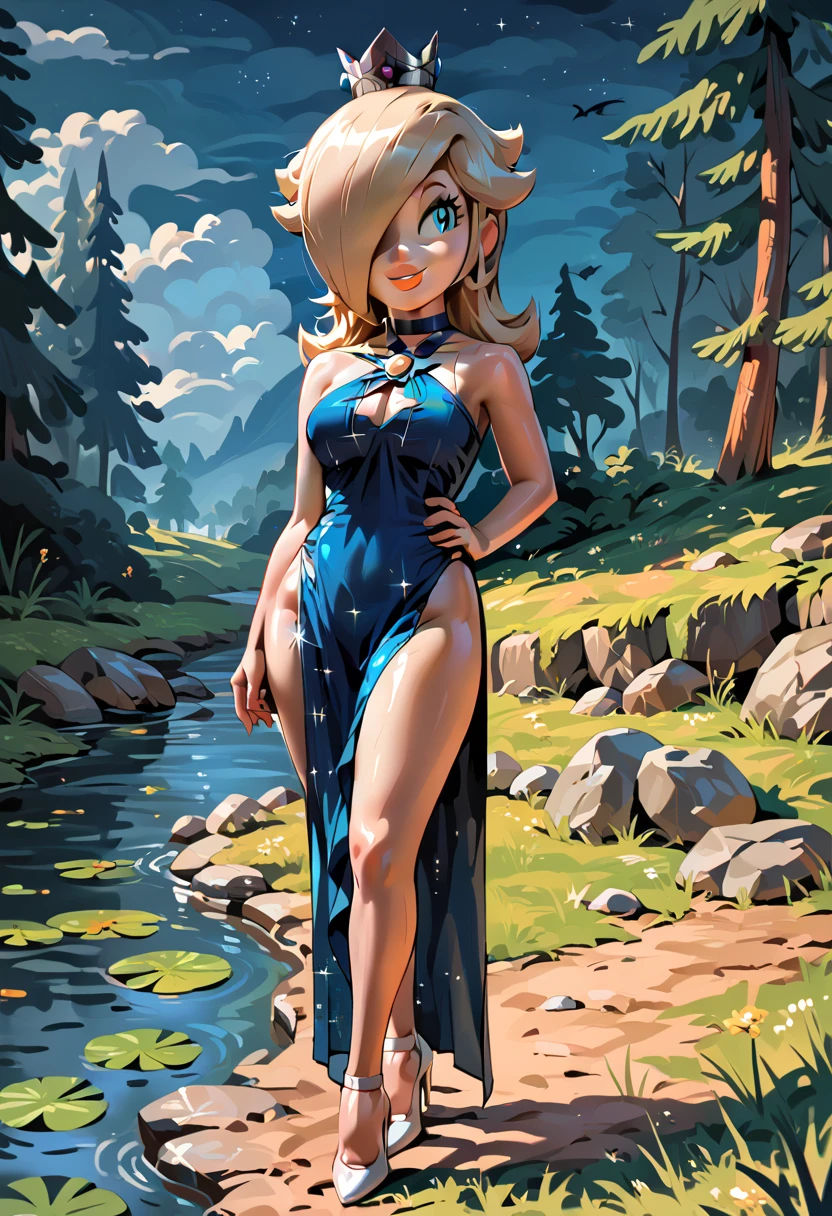 score_9, score_8_up, score_7_up, 1girl, photoreaistic,  (RslnSND, hair over one eye, crown, blue dress, bare shoulders, side slit, clothing cutout, choker, cleavage cutout, pelvic curtain, high heels, full body,  shiny dress, dark blue dress),  hand on hip, (calling You with the other hand), smug, smile, shiny skin, (full bodies in view) , perfect proportions, lake forest background, night time. standing, (front view), , free legs, free feet, Open legs.  , (front view), complete body view, looking to the camera.