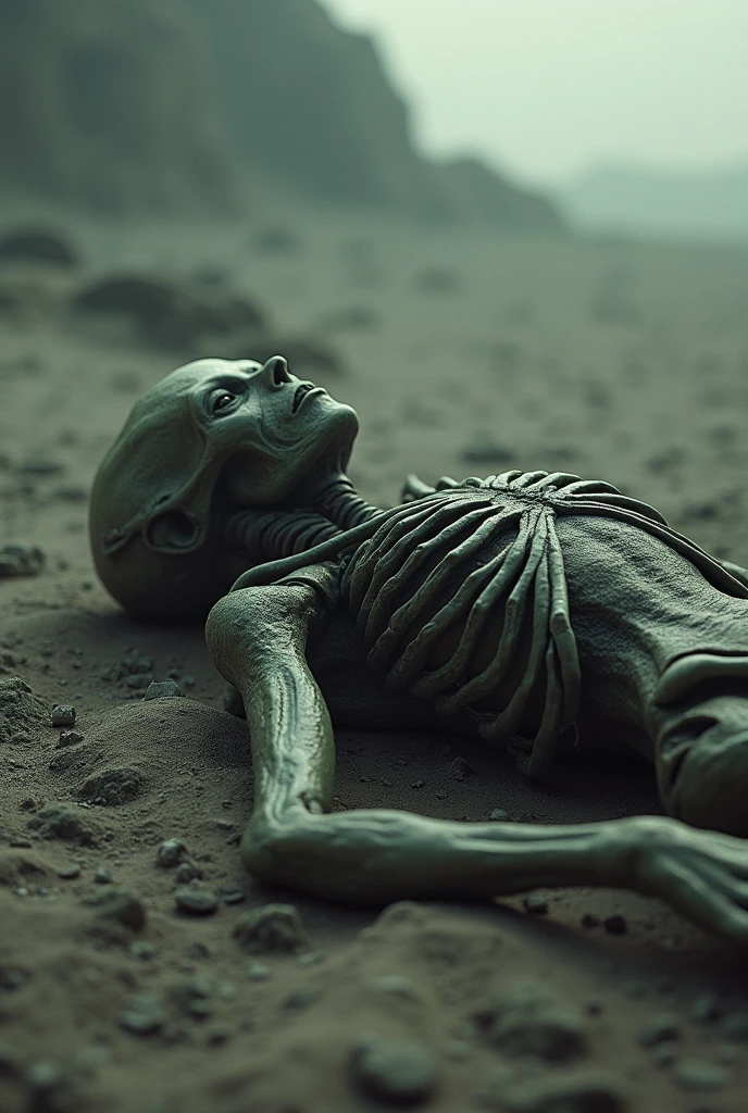 A humanoid figure in a fetal position ,Pale skin,Hollow nose, his hands are elongated and he has pointed claws, he is skinny almost malnourished, skinny arms too, completely black and round eyes, no hair and a round head, in the background you can see the Outer space and the occasional planet.