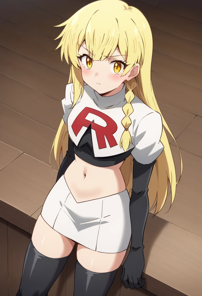 balirossa, blonde hair, long hair, 1girl, side braid, solo, yellow eyes, looking at viewer, blush, team rocket,team rocket uniform,white skirt,red letter R,crop top,black thigh-highs,black elbow gloves, score_9, score_8_up, score_7_up, , anime coloring ,BREAK source_anime, anime