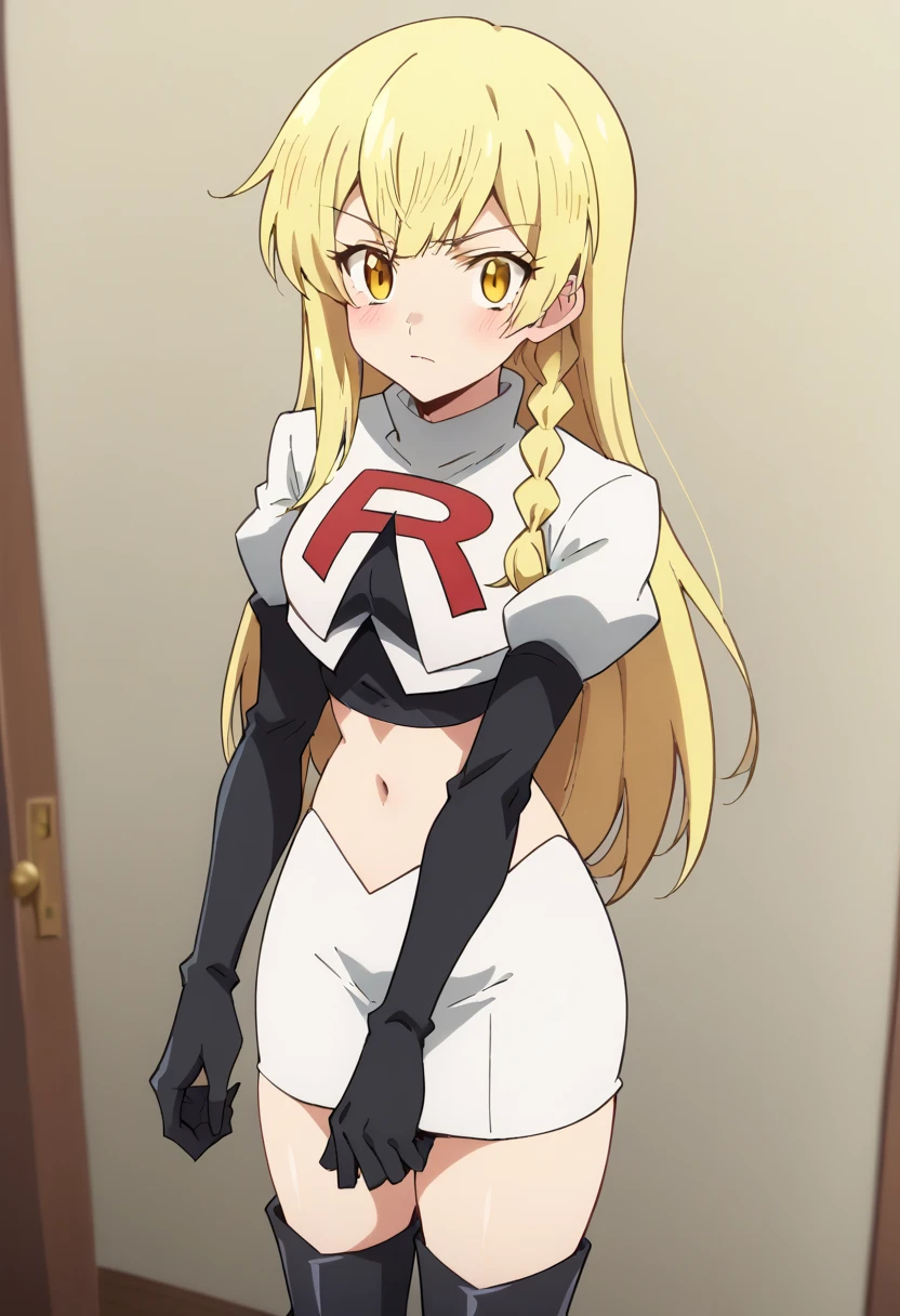 balirossa, blonde hair, long hair, 1girl, side braid, solo, yellow eyes, looking at viewer, blush, team rocket,team rocket uniform,white skirt,red letter R,crop top,black thigh-highs,black elbow gloves, score_9, score_8_up, score_7_up, , anime coloring ,BREAK source_anime, anime