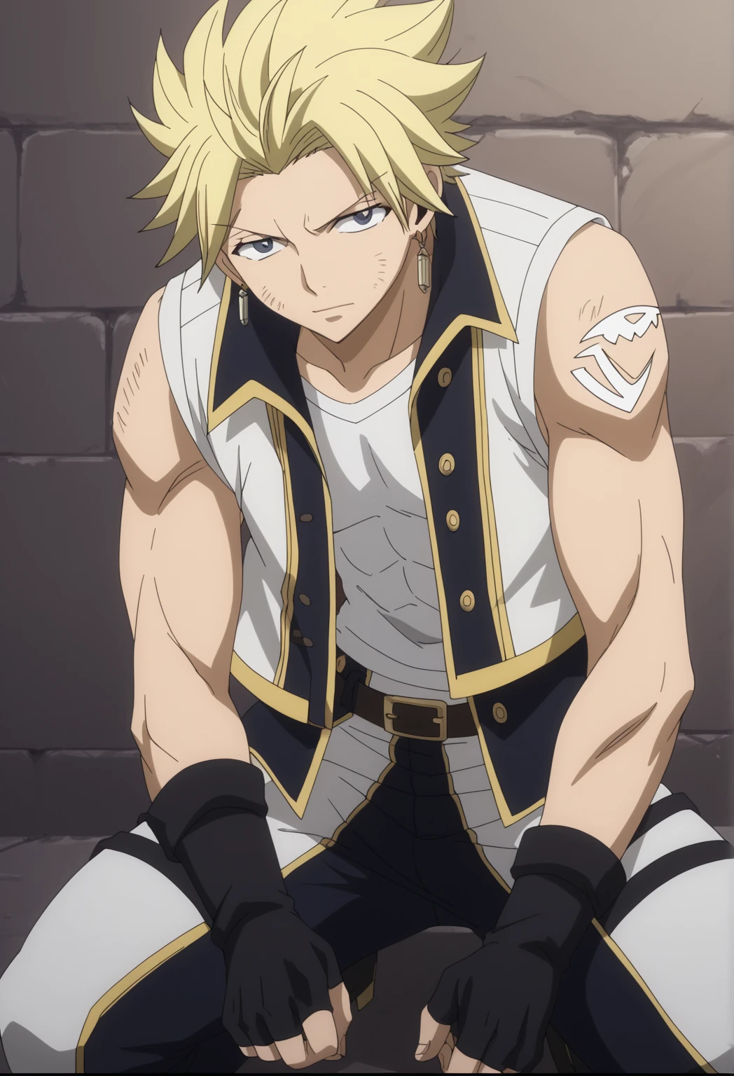 front view, Frontal portrait, Medium close-up, looking at viewer, score_9, score_8_up, score_7_up, source_anime, StingFT, Sting blonde hair, light yellow Sting, 1boy, male focus, anime screencap, a short sleeveless white leather jacket with gold details, her shoulders and part of her torso. Underneath, he wears a tight black T-shirt. His pants are dark, tight fitting and tucked into tall black boots with metal buckles. He completes the look with a wide belt and white fingerless gloves.