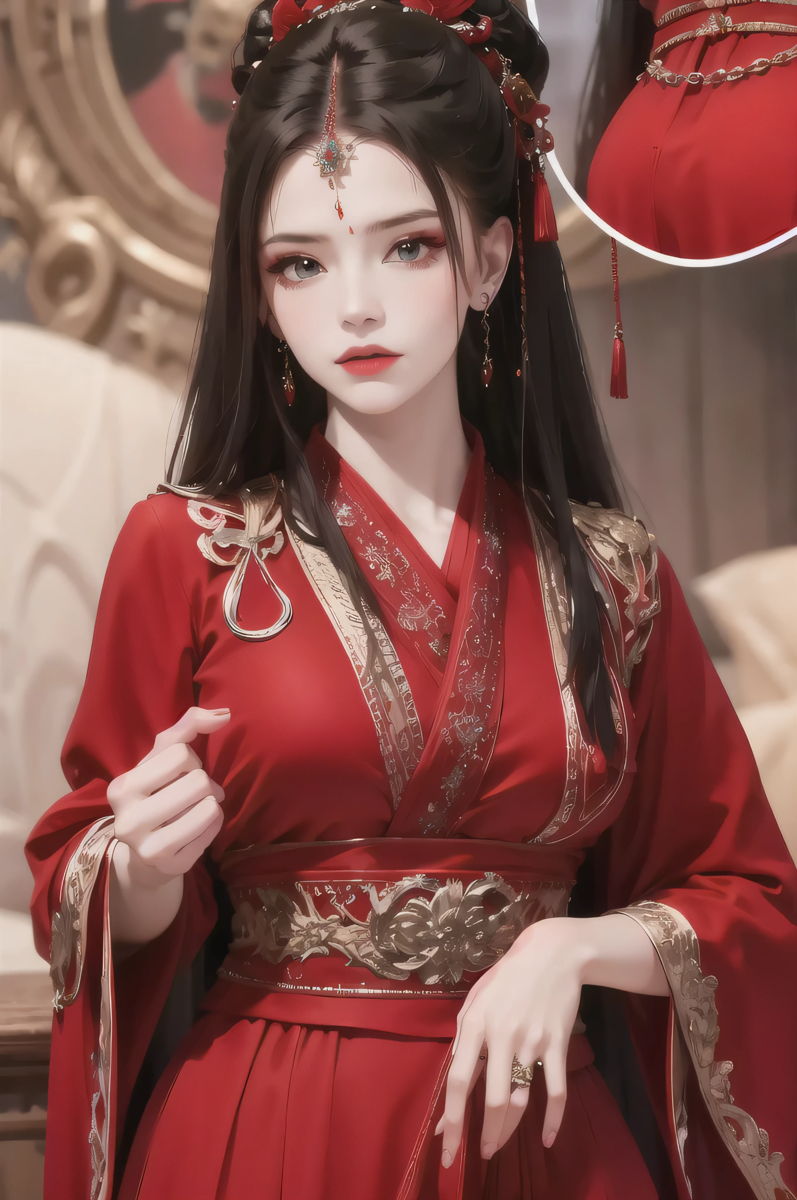 best quality, masterpiece, highres, official art, extremely detailed cg unity 8k wallpaper, 1girl, long hair, jewelry, hair ornament, realistic, she's wearing a beautiful red chinese hanfu dress, ((long sleeves)), there's a red veil covering her face, full body, she looks angry