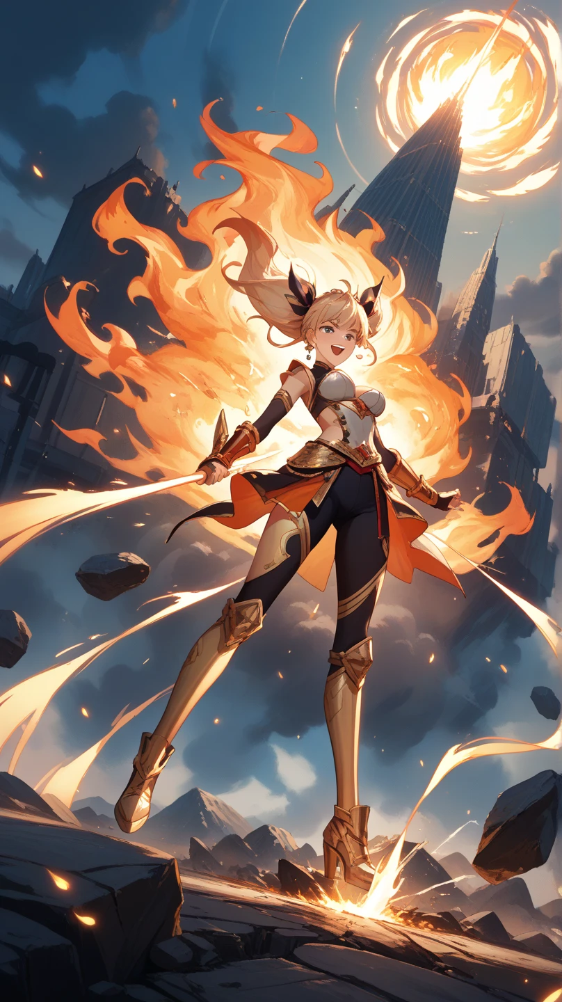 (masterpiece, bestquality, ultra-detailed, 8K high resolution, artstation on trending, Detailed Design), 
wind, 
(1girl, fullbody, looking at viewer, front view), (standing contrapposto pose, dynamic angle), depth of field, glow effects, Special moves, secret techniques, 
(Artoria Pendragon (Lancer) \(fate grand order\)), Castle, castle town