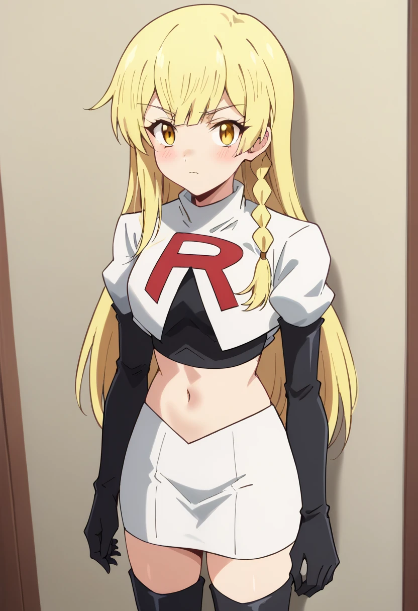 balirossa, blonde hair, long hair, 1girl, side braid, solo, yellow eyes, looking at viewer, blush, team rocket,team rocket uniform,white skirt,red letter R,crop top,black thigh-highs,black elbow gloves, score_9, score_8_up, score_7_up, , anime coloring ,BREAK source_anime, anime