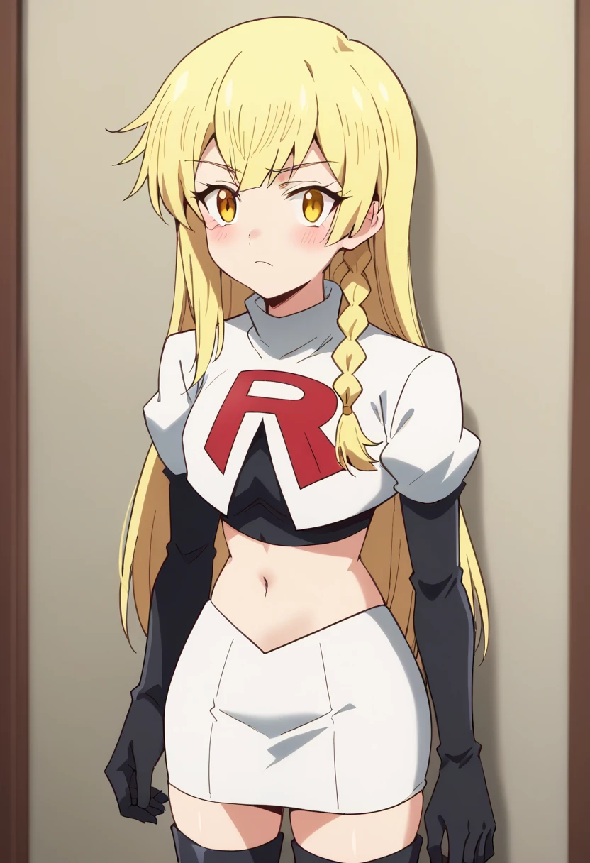 balirossa, blonde hair, long hair, 1girl, side braid, solo, yellow eyes, looking at viewer, blush, team rocket,team rocket uniform,white skirt,red letter R,crop top,black thigh-highs,black elbow gloves, score_9, score_8_up, score_7_up, , anime coloring ,BREAK source_anime, anime