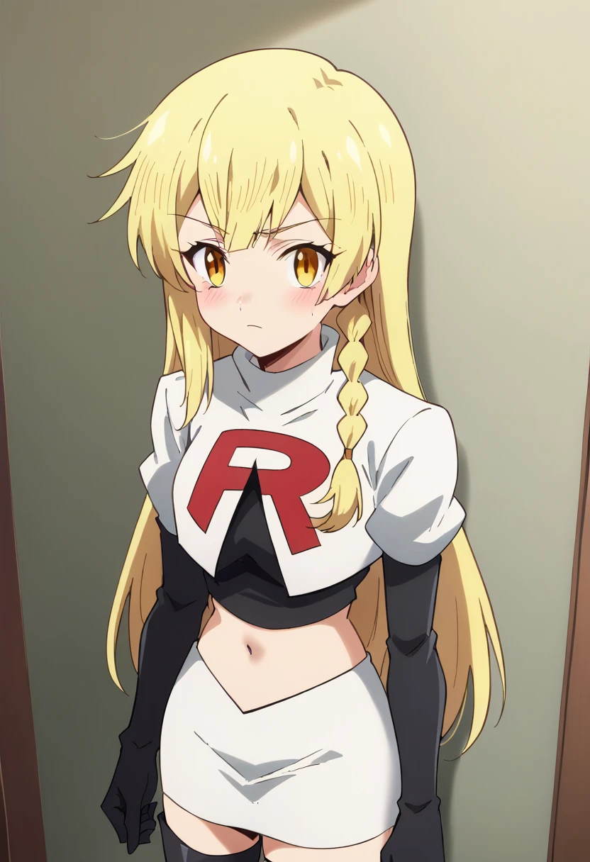 balirossa, blonde hair, long hair, 1girl, side braid, solo, yellow eyes, looking at viewer, blush, team rocket,team rocket uniform,white skirt,red letter R,crop top,black thigh-highs,black elbow gloves, score_9, score_8_up, score_7_up, , anime coloring ,BREAK source_anime, anime