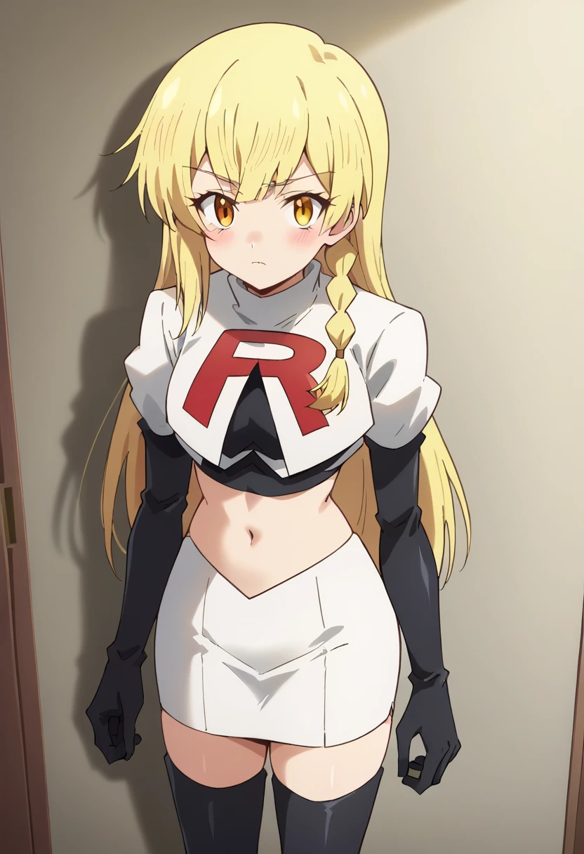 balirossa, blonde hair, long hair, 1girl, side braid, solo, yellow eyes, looking at viewer, blush, team rocket,team rocket uniform,white skirt,red letter R,crop top,black thigh-highs,black elbow gloves, score_9, score_8_up, score_7_up, , anime coloring ,BREAK source_anime, anime