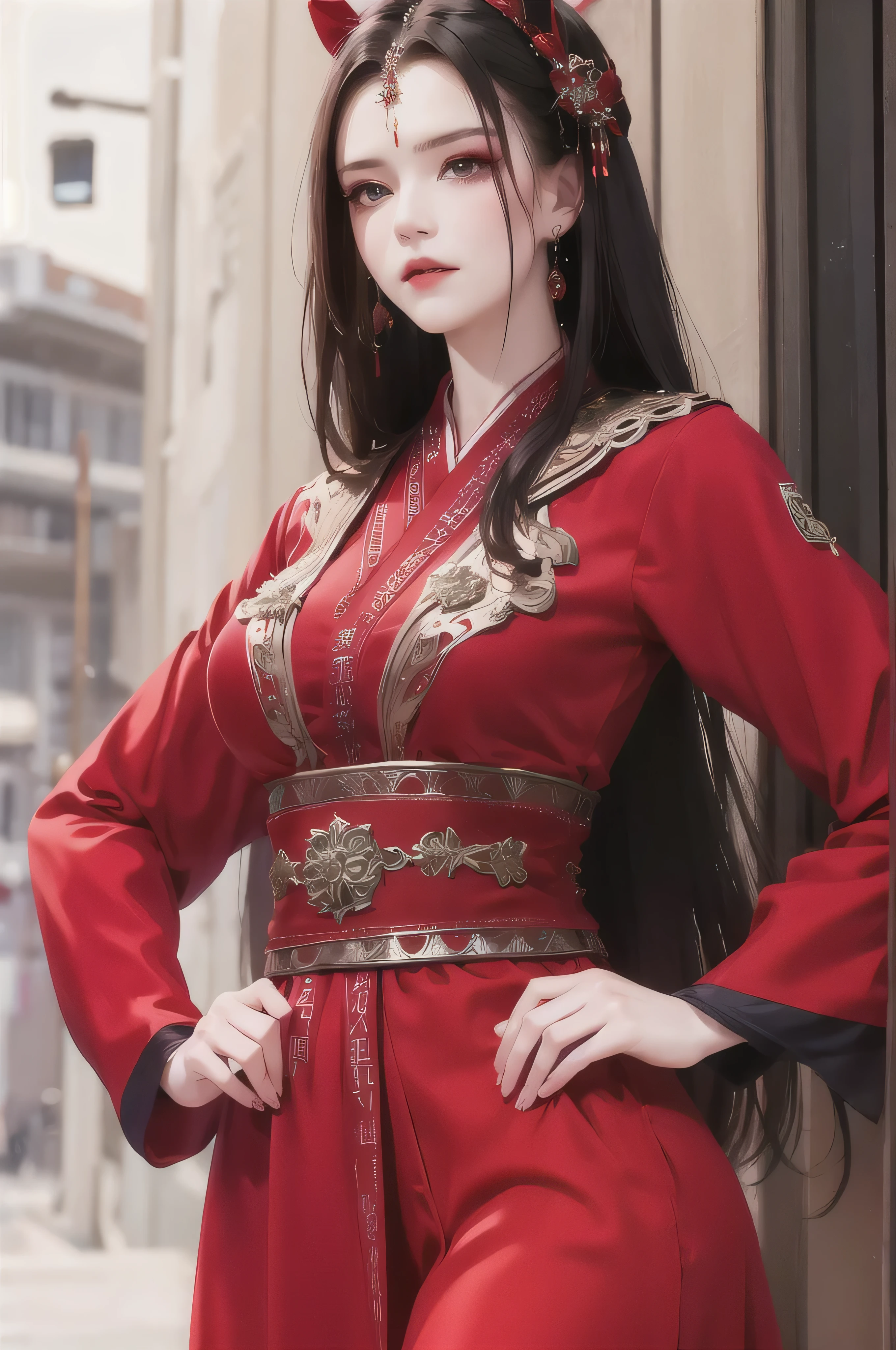 best quality, masterpiece, highres, official art, extremely detailed cg unity 8k wallpaper, 1girl, long hair, jewelry, hair ornament, realistic, she's wearing a beautiful red chinese hanfu dress, ((long sleeves)), there's a red veil covering her face, full body, she looks angry