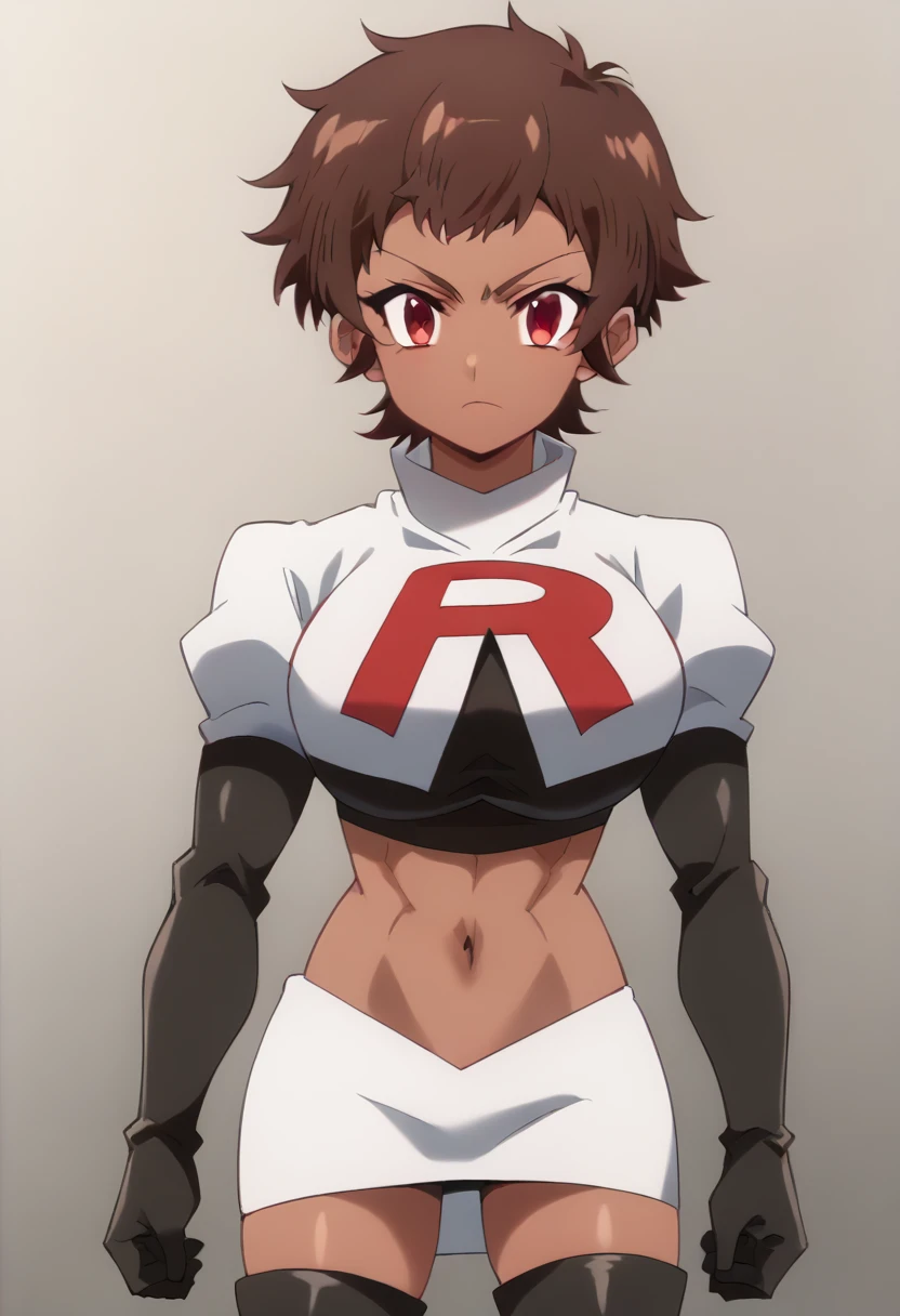 blossom, short hair, brown hair, dark-skinned female, 1girl, red eyes, solo, large breasts, muscular female, looking at viewer, team rocket,team rocket uniform,white skirt,red letter R,crop top,black thigh-highs,black elbow gloves, score_9, score_7_up,anime coloring ,source_anime, anime