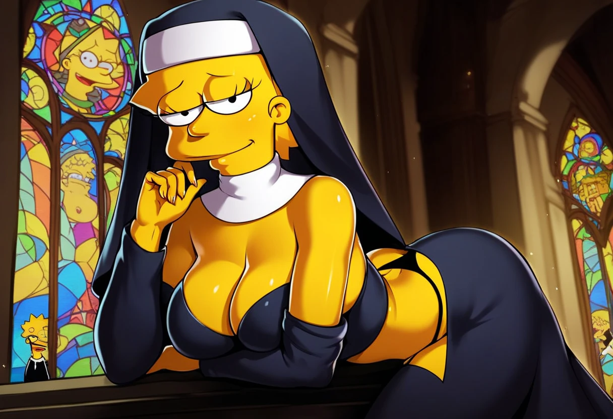 source _cartoon, lisa_simpson, safe_rating, 1 girl, short hair, big breast, nun habit, alone, sexy, black eyes, looking at viewer, nun outfit, black thong big breasts, hourglass body, very sexy, yellow skin, yellow hair, very sexy, lisa simpson as an adult. In a church, score_9, score_8_up, score_7_up, score_6_up, score_5_up, score_4_up